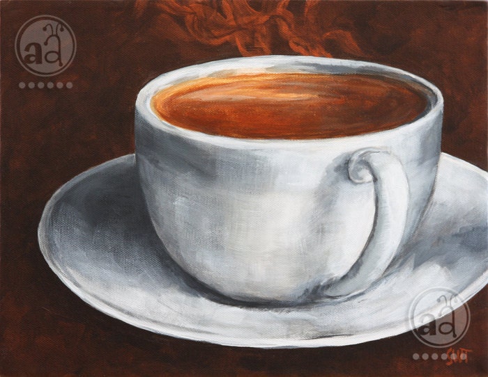 steaming hot COFFEE in a cup - original acrylic painting on canvas 14x11- cappuccino, hot chocolate