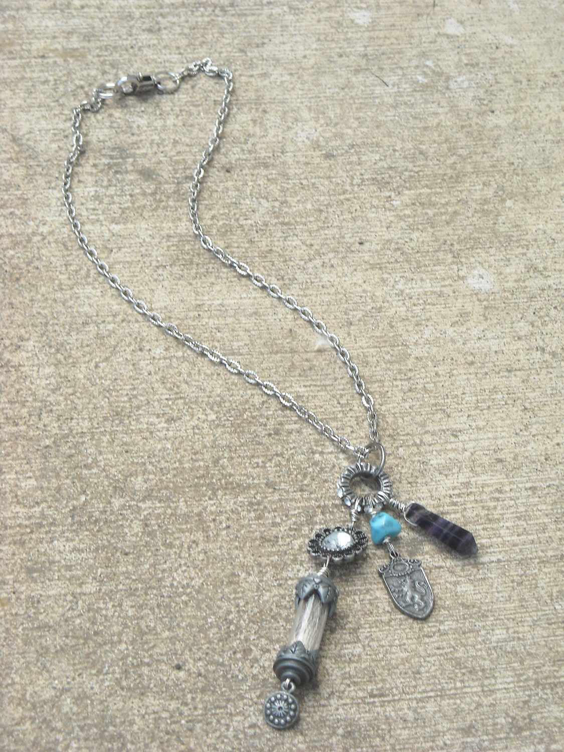 Memento Mori, Bottle Necklace, Vial Necklace, Charm Necklace, Found Objects, Steampunk, Amethyst, Turquoise,