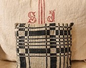 Antique Primitive Navy Blue and White 19th Century Wool Coverlet Pillow
