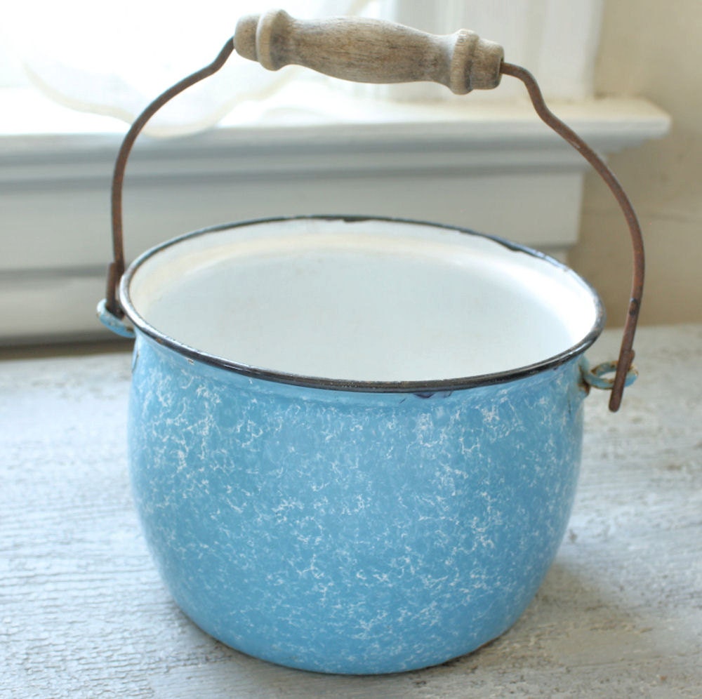 Antique Blue and White Enamelware Pail with Handle