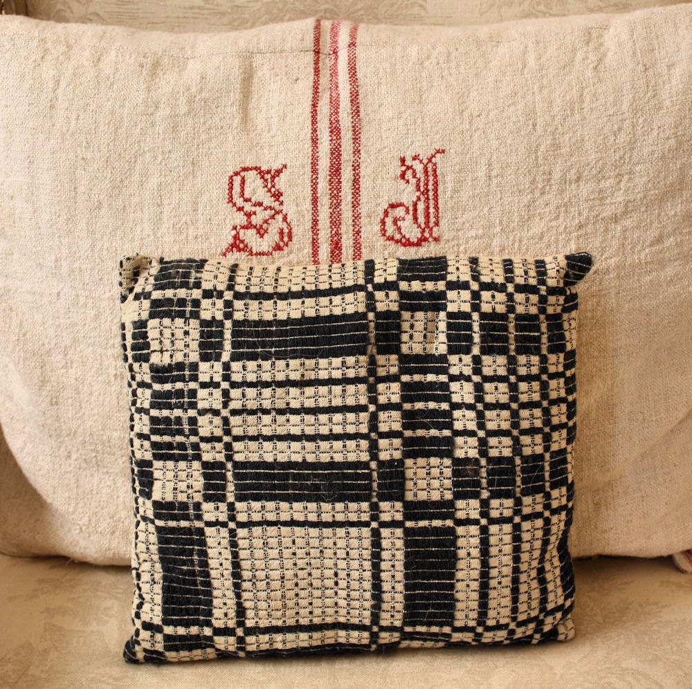 Antique Primitive Navy Blue and White 19th Century Wool Coverlet Pillow