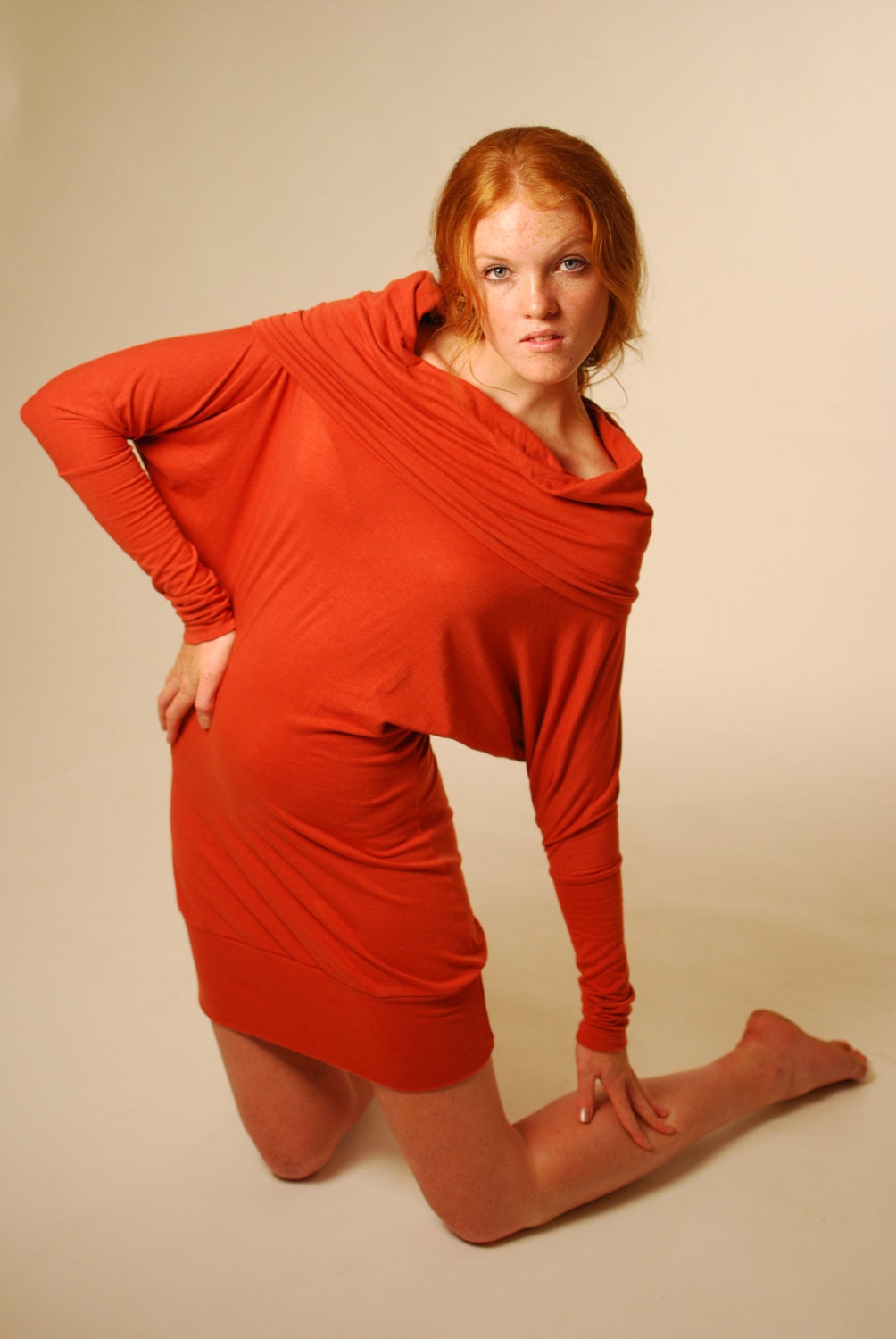 SALE Short Dress Mini Dress Tunic Cowl Hoody in Pumpkin Rust Organic Cotton Soy Eco Friendly SAMPLE SALE