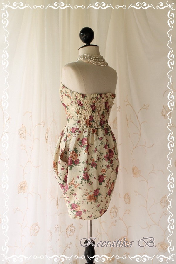 A Lovely Queen III - Strapless Classic Cocktail Dress Light Gold Playful Glamorous Floral Print Party Prom Wedding Bridesmaid Puffed Skirt