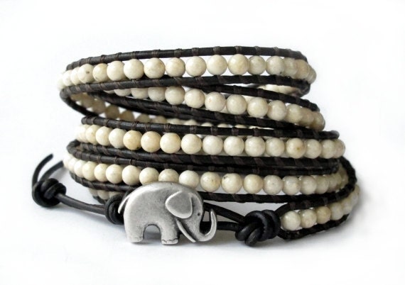 the lucky elephant Leather Wrap Bracelet - Cream Wrap River Stone with GOOD LUCK ELEPHANT