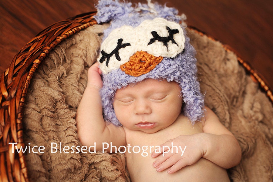 FREE SHIPPING newborn photo prop  sleepy owl earflap hat in purple