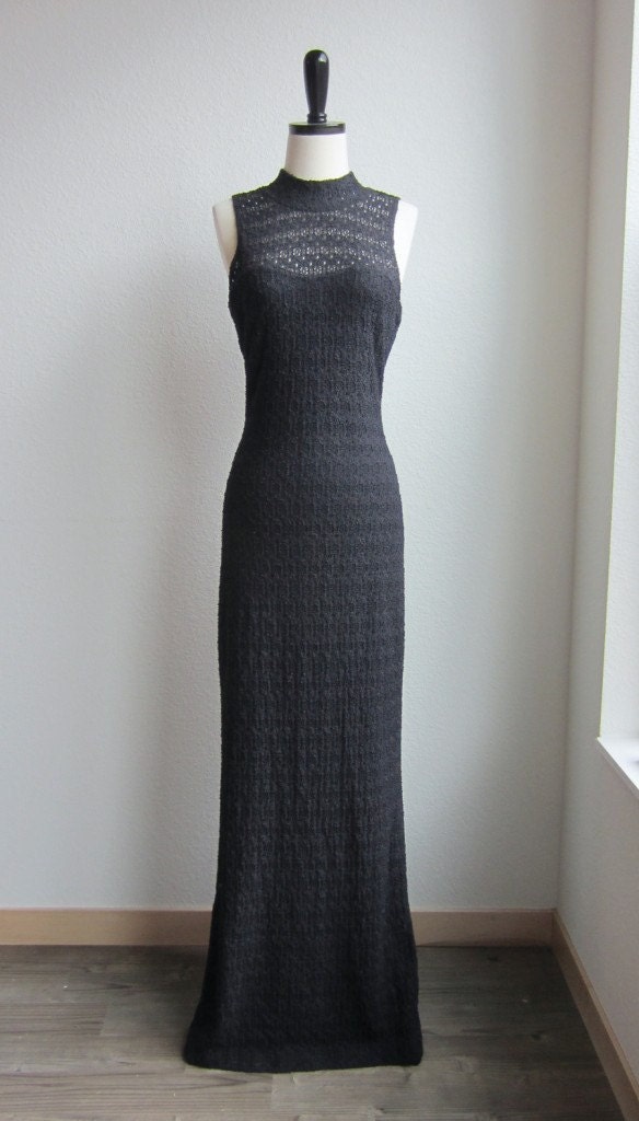 RESERVED FOR ALANA Black See Through Lace Crochet 90's Grunge Body Con Long Gown Dress Size Medium