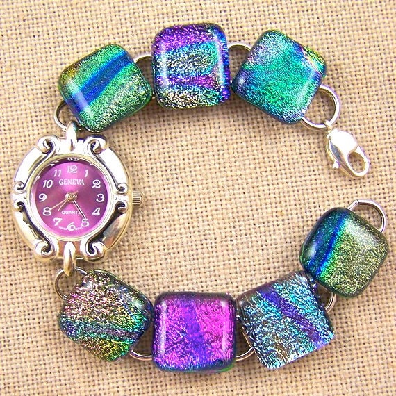 Tie Dye Dichroic Watch Bracelet - Greens, Teals, Pinks, Violet Fused Glass - 3/4" x 7.5" - 2cm