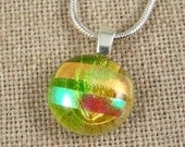 Dichroic Pendant - Lime Green Amber Peach Layered Fused Glass - Round Rock Drop 5/8"