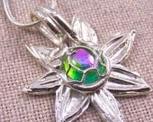 Flower Pendant Fine Silver PMC / Dichroic Fused Glass 1/4" Nuggets / Blue Green Pink - 1.5" Star Flow and Vine Bail
