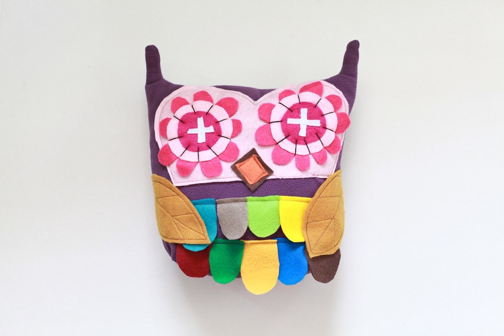 purple OWL colorful urban pillow with leaf wings