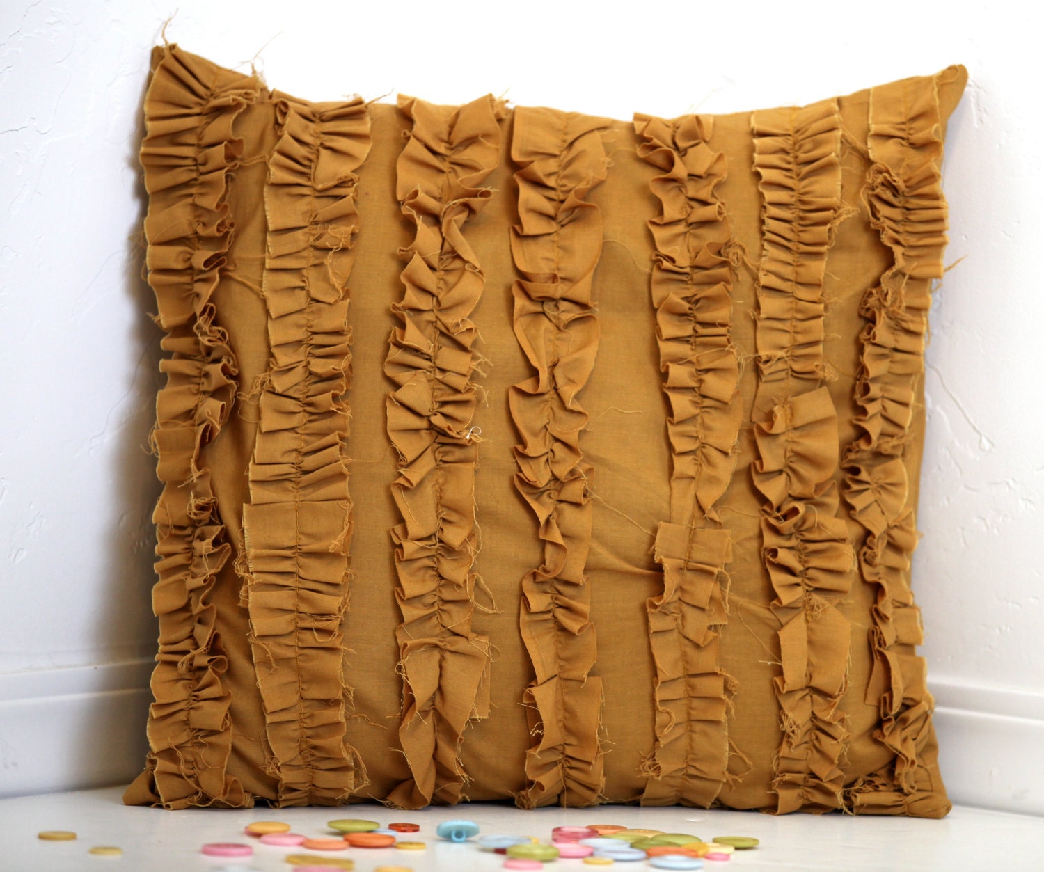 Mustard Yellow  or Beige Shabby Ruffle Pillow Cover  16 x 16 inches