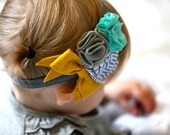 Sailor Flowers and Bow Headband in Seersucker,Mustard,Spearmint,and Gray - All Sizes