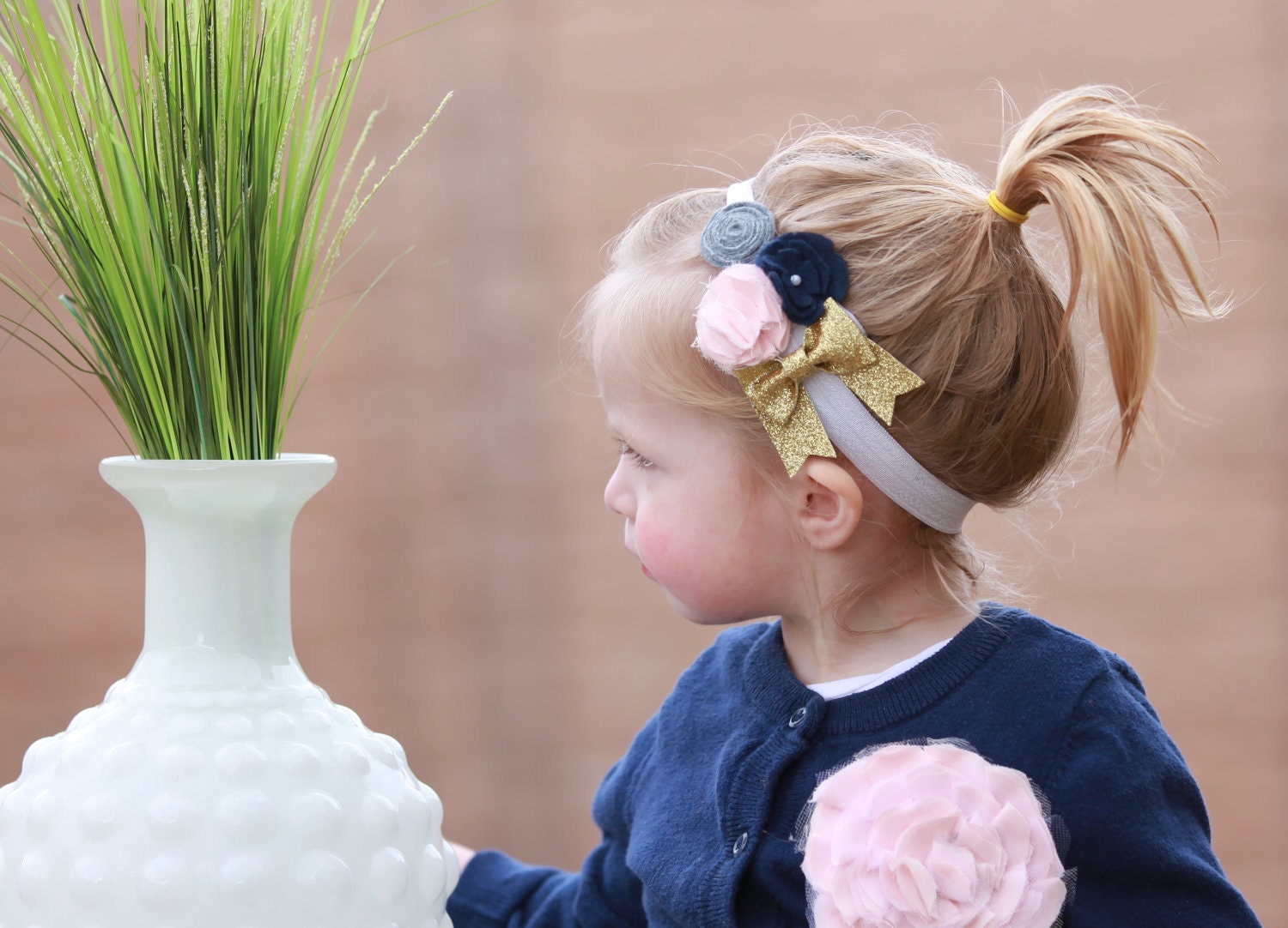 Finley Flowers and Bow Headband in Gold Sparkle, Navy, Light Pink, and Marble Grey- All Sizes