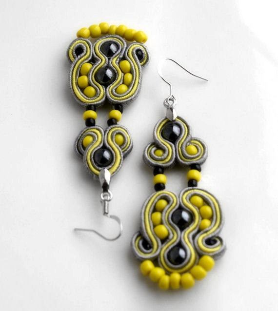 yellow and gray- soutache earrings free shipping