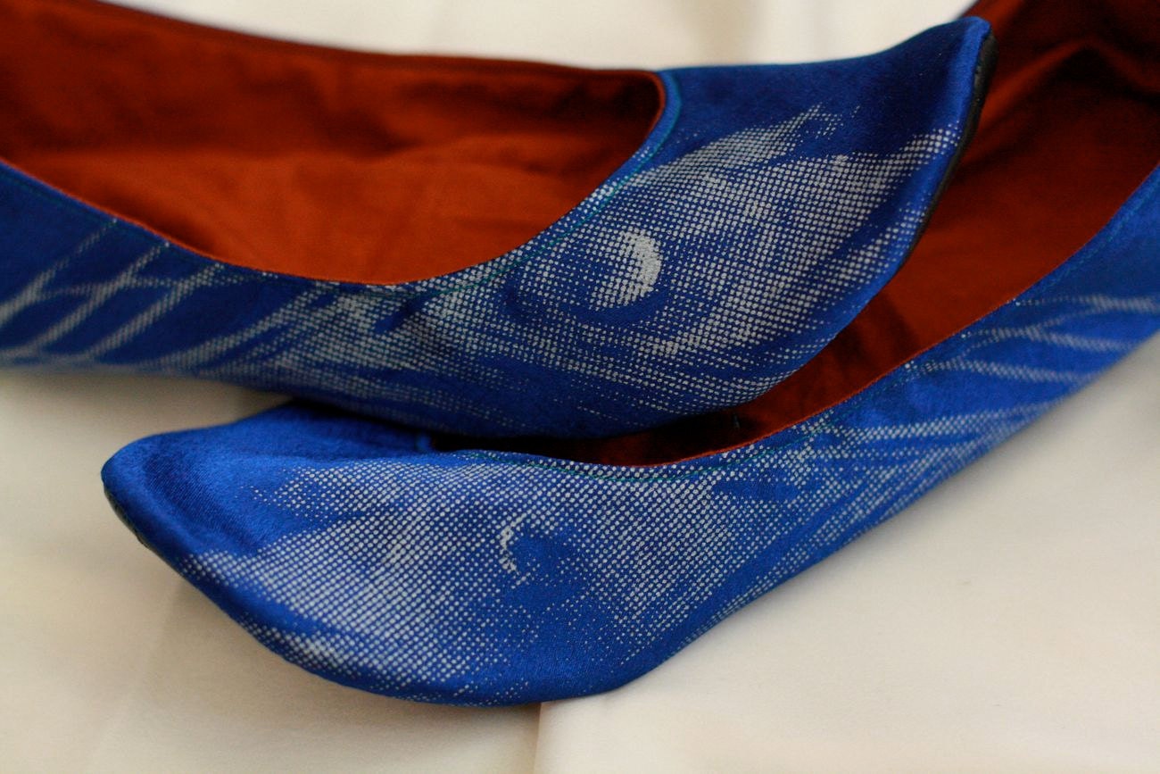 Size 7.5 slightly wide, Blue and Silver Satin Slippers with Round Toe, Indoor Rubber Soles