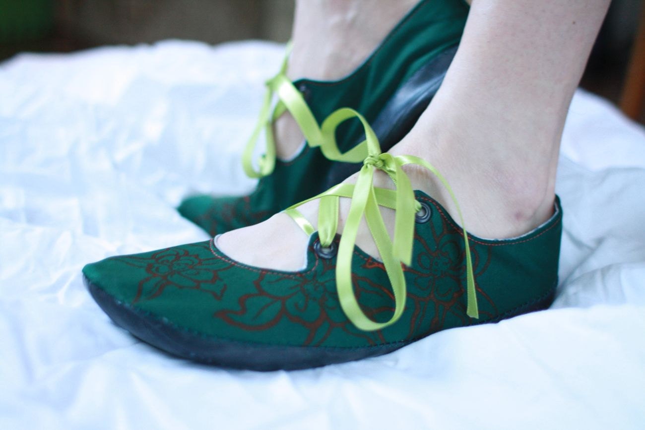 Hunter Green Satin Gillies, with Flower Print, Rubber Soles and Upturned Toe
