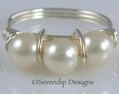 Silver Wrapped Wire Pearl Ring Three Swarovski Pearls Cream