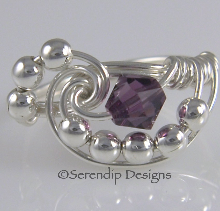 Birthstone Ring Wire Wrapped Sterling Silver Swarovski Amethyst Crystal Galaxy