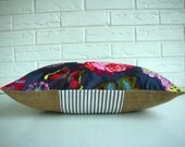 Decorative Lumbar Pillow Cover - Bohemian Chic - Cottage Decor - Burlap Coffee Sack Ticking - Large Floral Gray Blue Pink - Boho 12x20