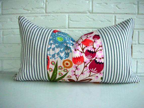 Decorative Throw Pillow Cover Lumbar - Bohemian Chic Decor - Cottage Chic - Burlap Ticking Floral Print - Pink Blue - Boho 12x20"