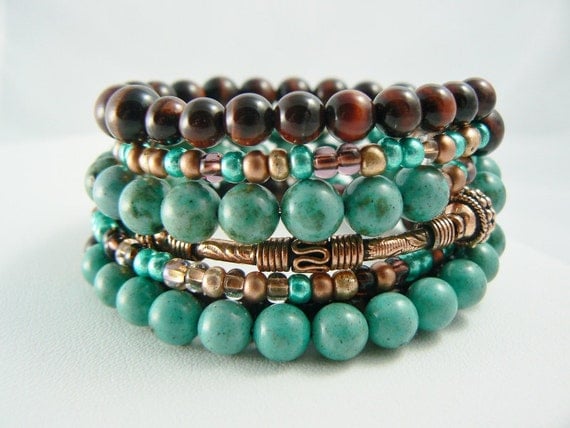 Turquoise Stacking Bracelet Beaded with Copper and Red Tigers Eye