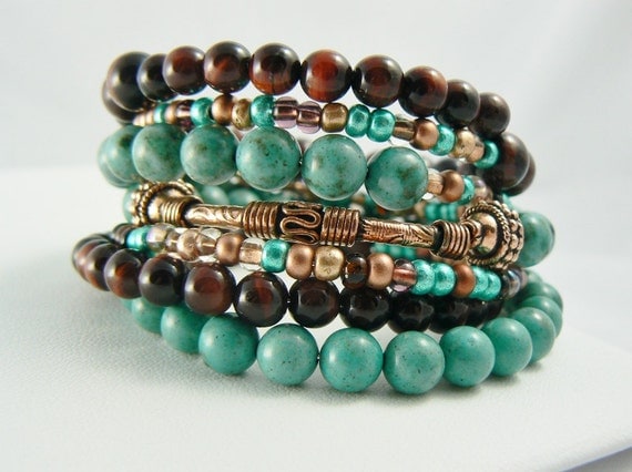 Turquoise Stacking Bracelet Beaded with Copper and Red Tigers Eye