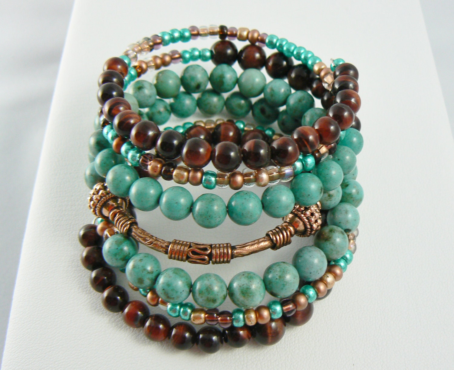 Turquoise Stacking Bracelet Beaded with Copper and Red Tigers Eye