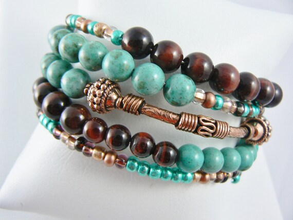 Turquoise Stacking Bracelet Beaded with Copper and Red Tigers Eye