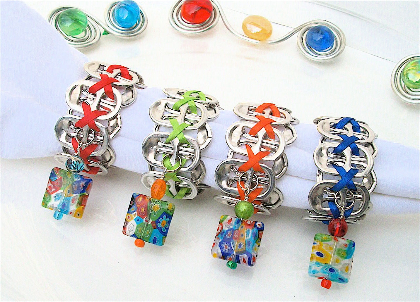 Beaded Soda Tab Napkin Rings - Millefiori - Set of 4 - red, blue, green, orange - upcycled/recycled - gifts under 20.00