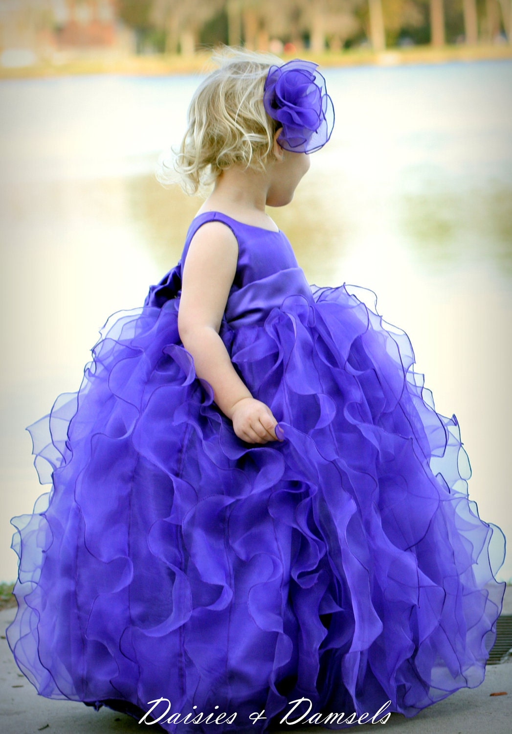 Flower girls dress, purple cascading ruffles design, organza, satin