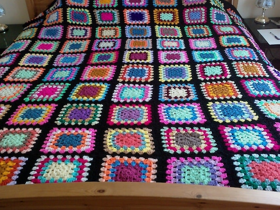 Crochet Blanket Handmade -  Made in tradition granny multi colour style with black border CUDDLE BLANKET (nannycheryl original) ID 782