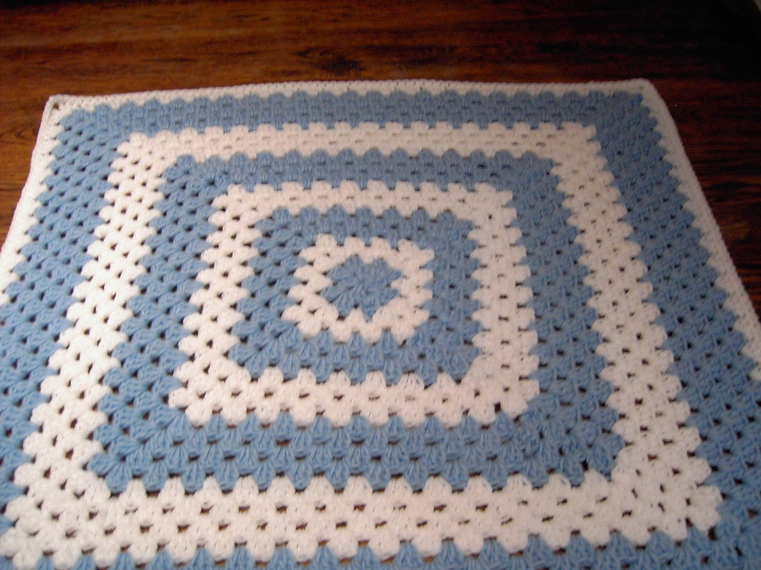 Crochet Blanket - Large Chunky Square style blanket with with blue/white     ID 694 (598) nannycheryloriginal