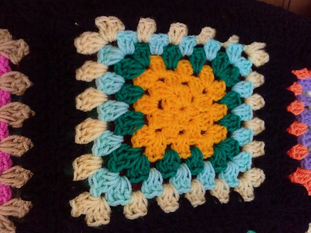 Crochet Blanket Handmade -  Made in tradition granny multi colour style with black border CUDDLE BLANKET (nannycheryl original) ID 782