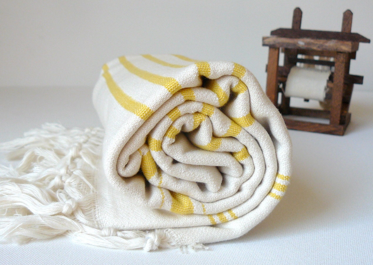 Turkish Bath Towel  - Cotton Peshtemal  - Handwoven Ivory - Yellow Stripes - Aegean style