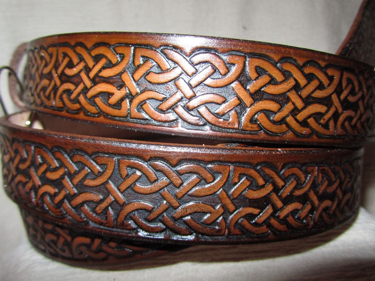 Leather Belt 1 1/4, Celtic Roller Design, Handmade Belt, Dress Belt, Dark Brown
