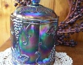 SaLe Antique Indiana Glass Harvest Blue Carnival Glass Compote Candy Jar Grape & Leaf Pattern