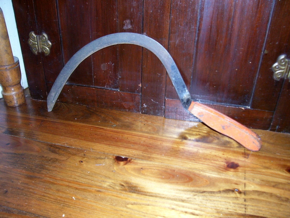 Primitive Antique Sickle w/Old Orange Wooden Handle Old Farm Tool