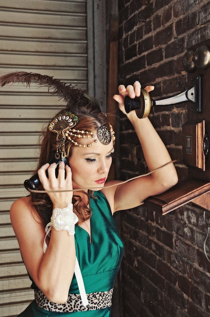 Cleopatra Flapper Feather Headdress - Gold, Bronze, Copper and Greens  - Limited -  CLEO - LaCocoRouge