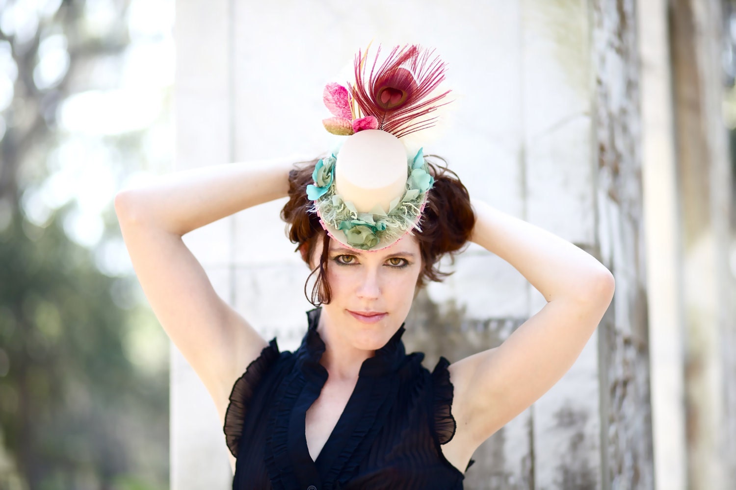 Mint, Pink and Cream Mini Top Hat with Peacock Feathers and Velvet - AURIANA