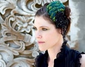 Peacock Feather Fascinator with Black Beaded Sequin and Laced Embellishments - ALLURE
