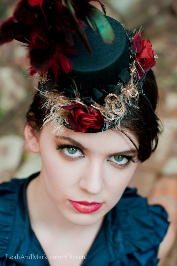Black Mini Top Hat with Red Roses and Red Feathers - LA FEMME ROUGE - LaCocoRouge