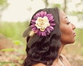 Purple Flower Fascinator with Feathers and Pine Rose - GUINEA
