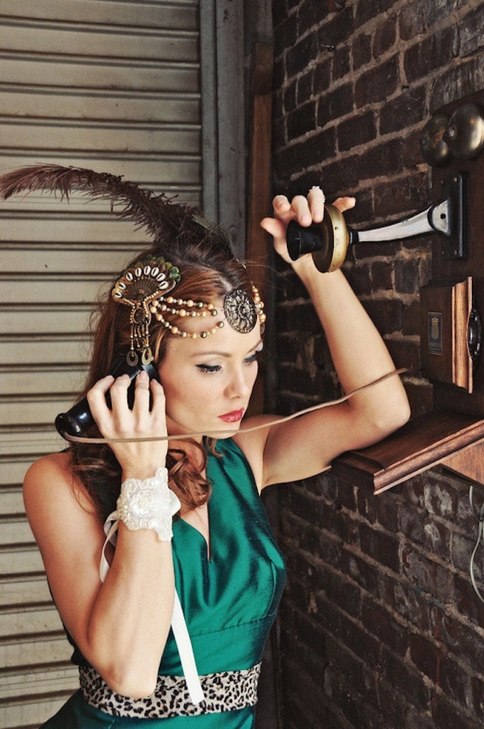 Cleopatra Flapper Feather Headdress - Gold, Bronze, Copper and Greens  - Limited -  CLEO (Made to Order)