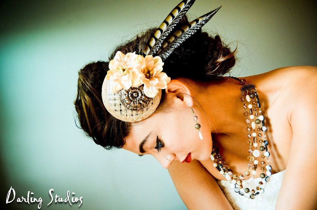 Bridal Fascinator Hat - Bronze, Cream-Beige Flowers and Feathers - ARC DE TRIOMPHE