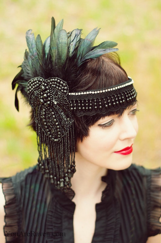 Black Feather Headdress Flapper Style Beaded Swarovski Crystals - Dark Queen (Made to Order)