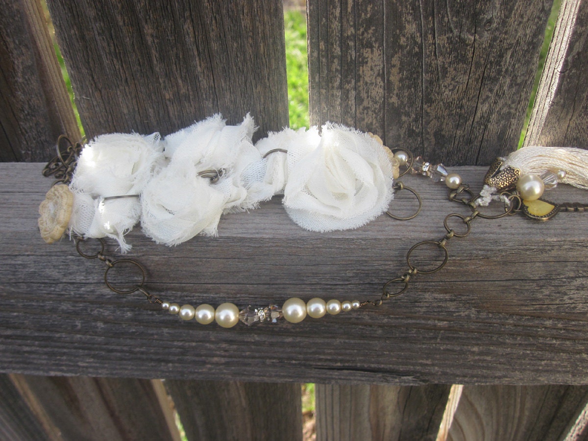 Mother's day Swarovski Crystal, Rhinestone, Silk lace flower, Pearl on antiqued brass necklace .
