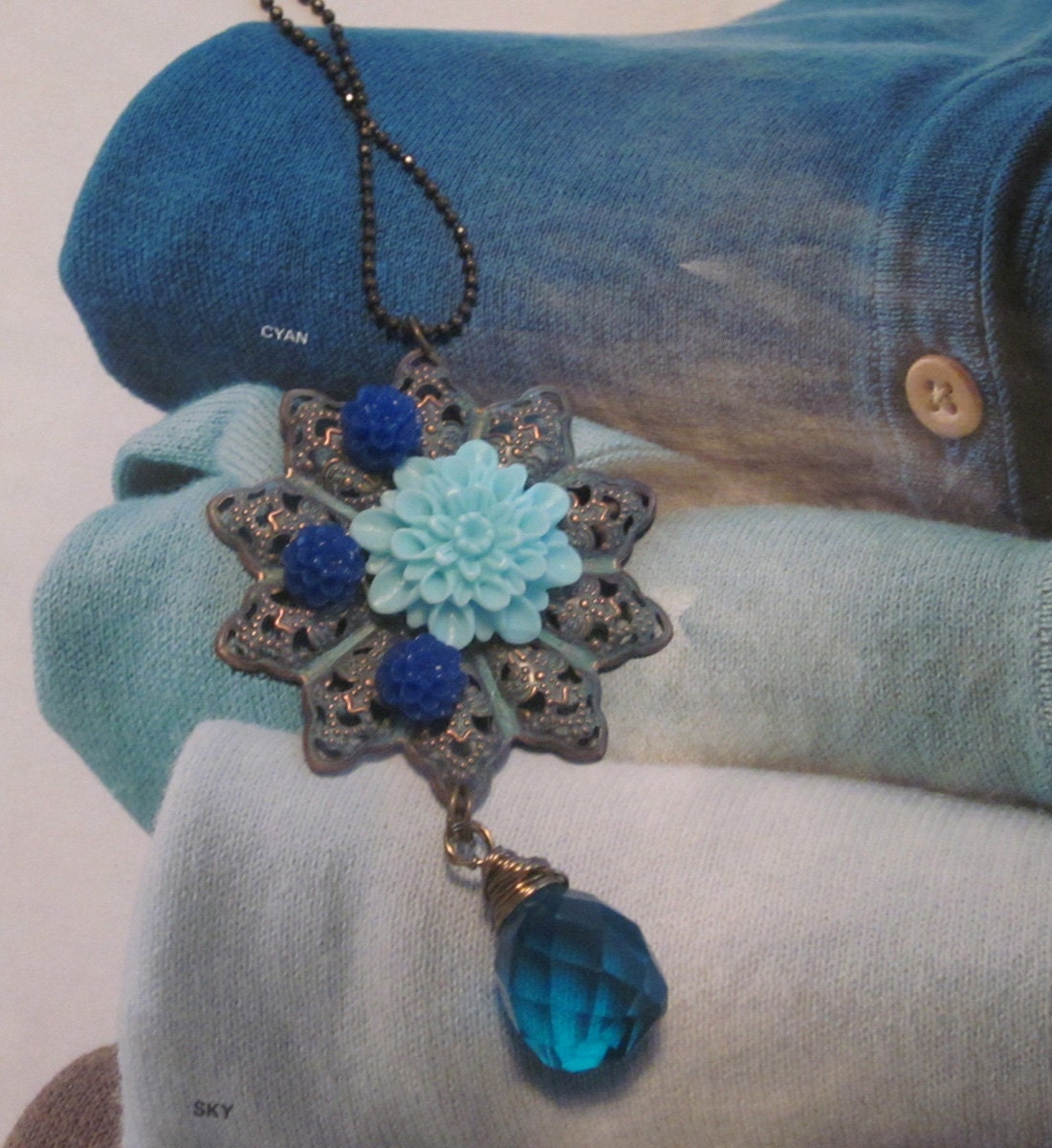 Shabby Chic Resin Flower and Aquamarine quartz on patinaed brass pendant TAGT