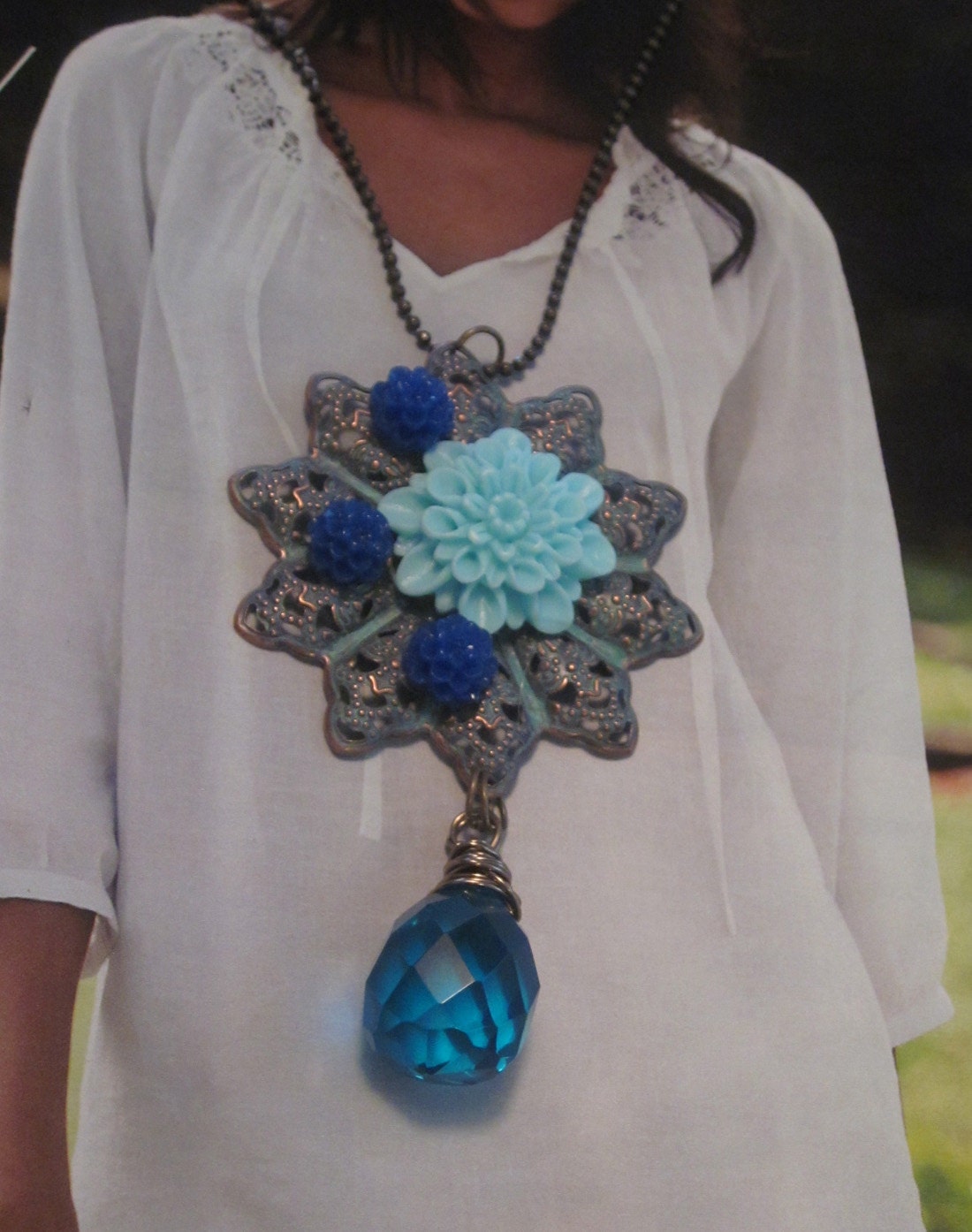 Shabby Chic Resin Flower and Aquamarine quartz on patinaed brass pendant TAGT