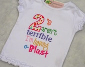 Terrible Two's T Shirt Girls Applique Embroidered Boutique Style 2nd Birthday