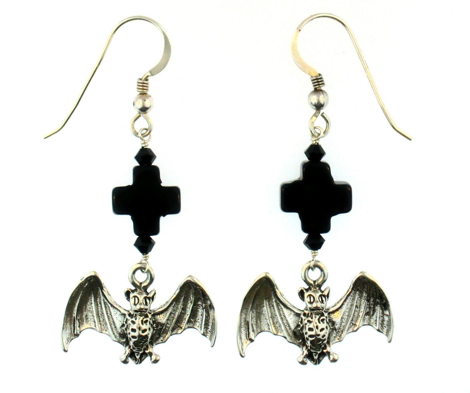 Gothic/Vampire/Dark Romance - Sterling Silver Bat Charm & Onyx Cross Earrings